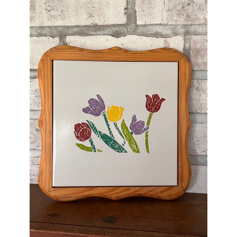 Vintage 80s 90s Tulip Trivet Wall Hanging Tile w Wood Frame Cottagecore